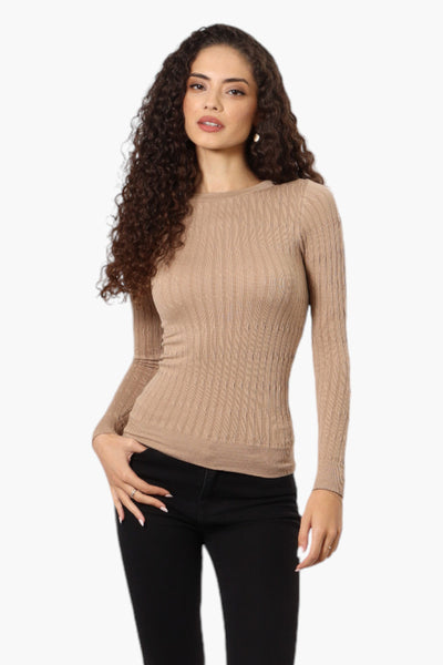 Magazine Solid Ribbed Crewneck Long Sleeve Top - Beige - Womens Long Sleeve Tops - Fairweather