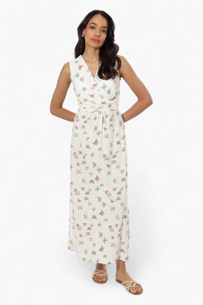 Beechers Brook Butterfly Pattern Belted Crossover Maxi Dress - White - Womens Maxi Dresses - Fairweather