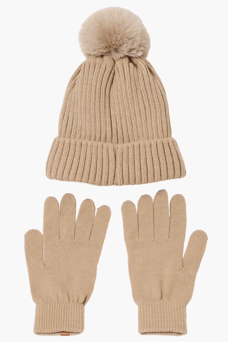 Canada Weather Gear Gloves Pom Pom Hat Set - Beige - Womens Hats - Fairweather