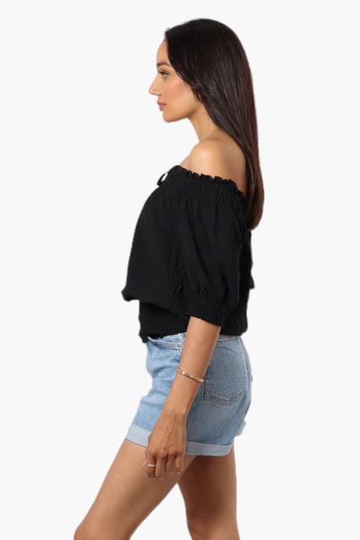 Urbanology Off Shoulder Tie Front Smock Blouse - Black - Womens Shirts & Blouses - Fairweather