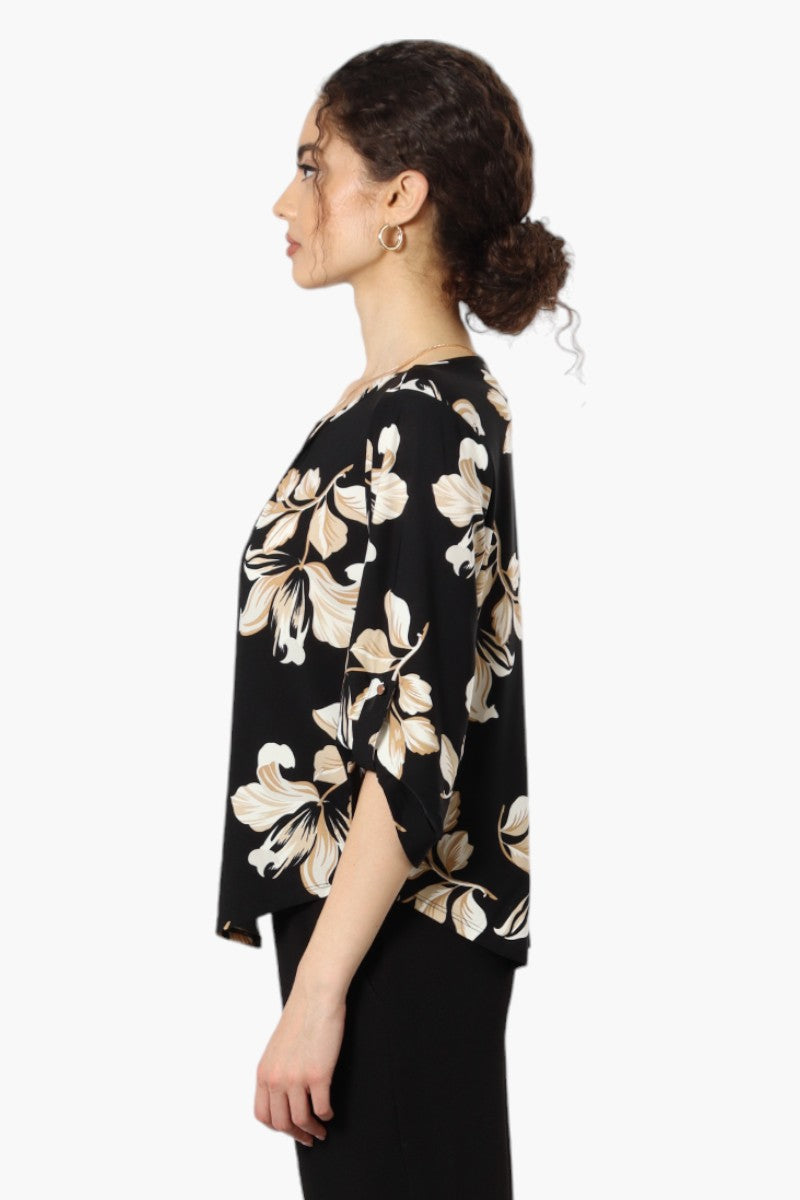 Beechers Brook Floral Roll Up Sleeve Necklace Blouse - Black - Womens Shirts & Blouses - Fairweather