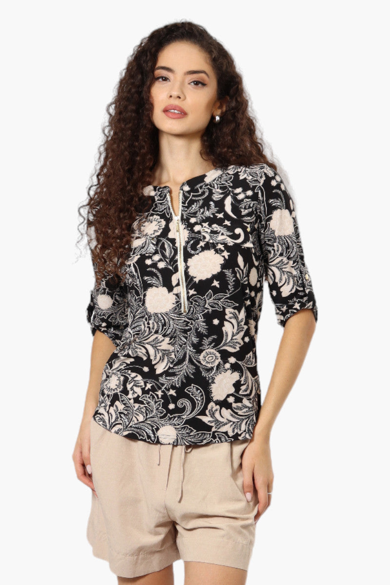 Beechers Brook Floral Half Zip Roll Up Sleeve Shirt - Black - Womens Shirts & Blouses - Fairweather