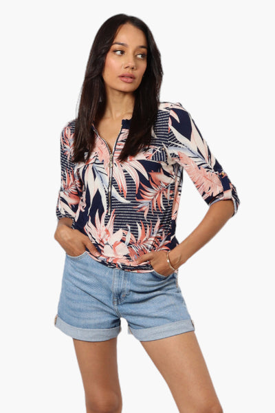 Beechers Brook Floral Roll Up Sleeve Blouse - Navy - Womens Shirts & Blouses - Fairweather