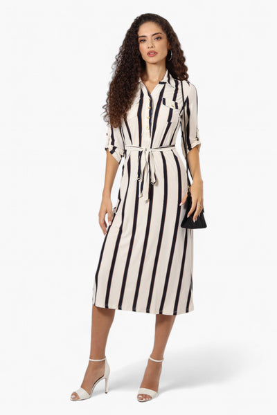 Beechers Brook Belted Striped Roll Up Sleeve Maxi Dress - White - Womens Maxi Dresses - Fairweather