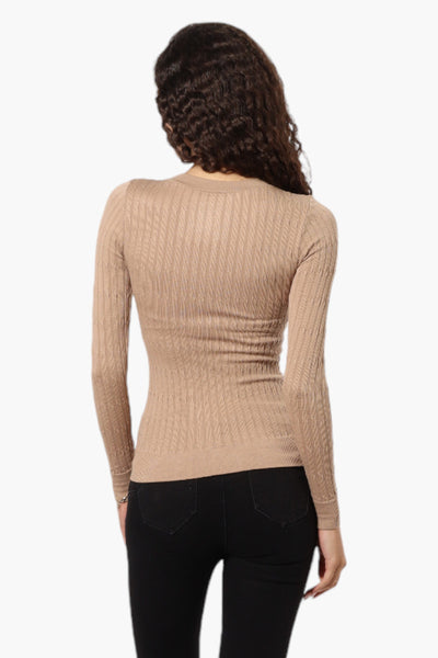 Magazine Solid Ribbed Crewneck Long Sleeve Top - Beige - Womens Long Sleeve Tops - Fairweather