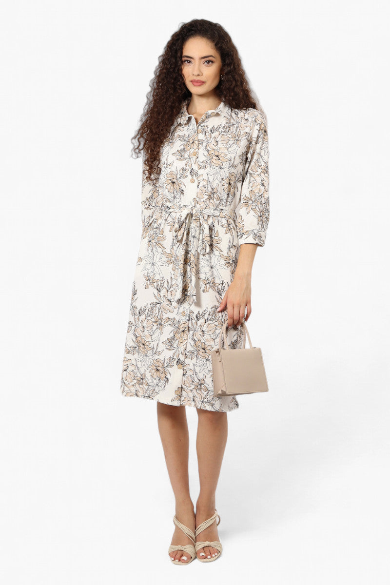 Impress Floral Belted Button Down Day Dress - White - Womens Day Dresses - Fairweather