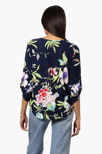 Beechers Brook Floral Roll Up Sleeve Necklace Blouse - Navy - Womens Shirts & Blouses - Fairweather