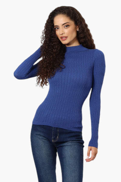 Magazine Ribbed Mock Neck Long Sleeve Top - Blue - Womens Long Sleeve Tops - Fairweather