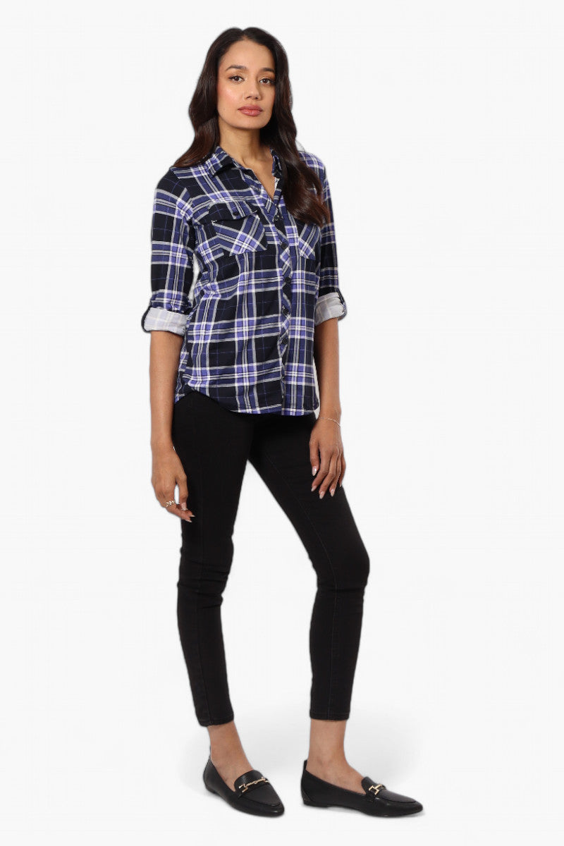 Urbanology Plaid Roll Up Sleeve Button Up Shirt - Navy - Womens Shirts & Blouses - Fairweather