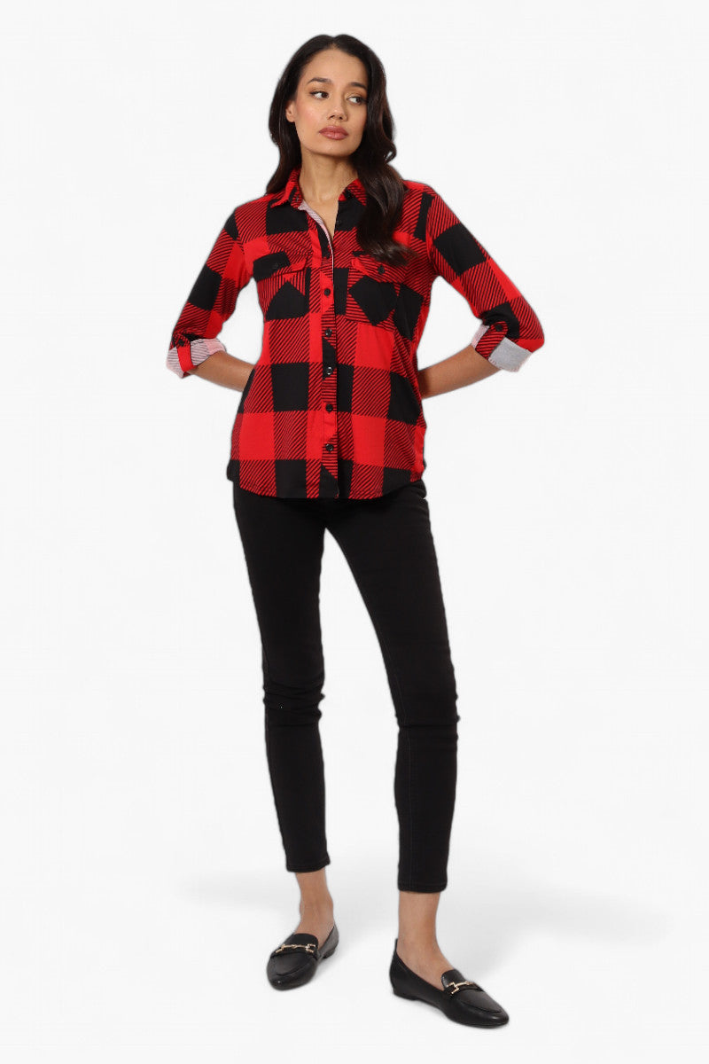 Urbanology Plaid Roll Up Sleeve Button Up Shirt - Red - Womens Shirts & Blouses - Fairweather