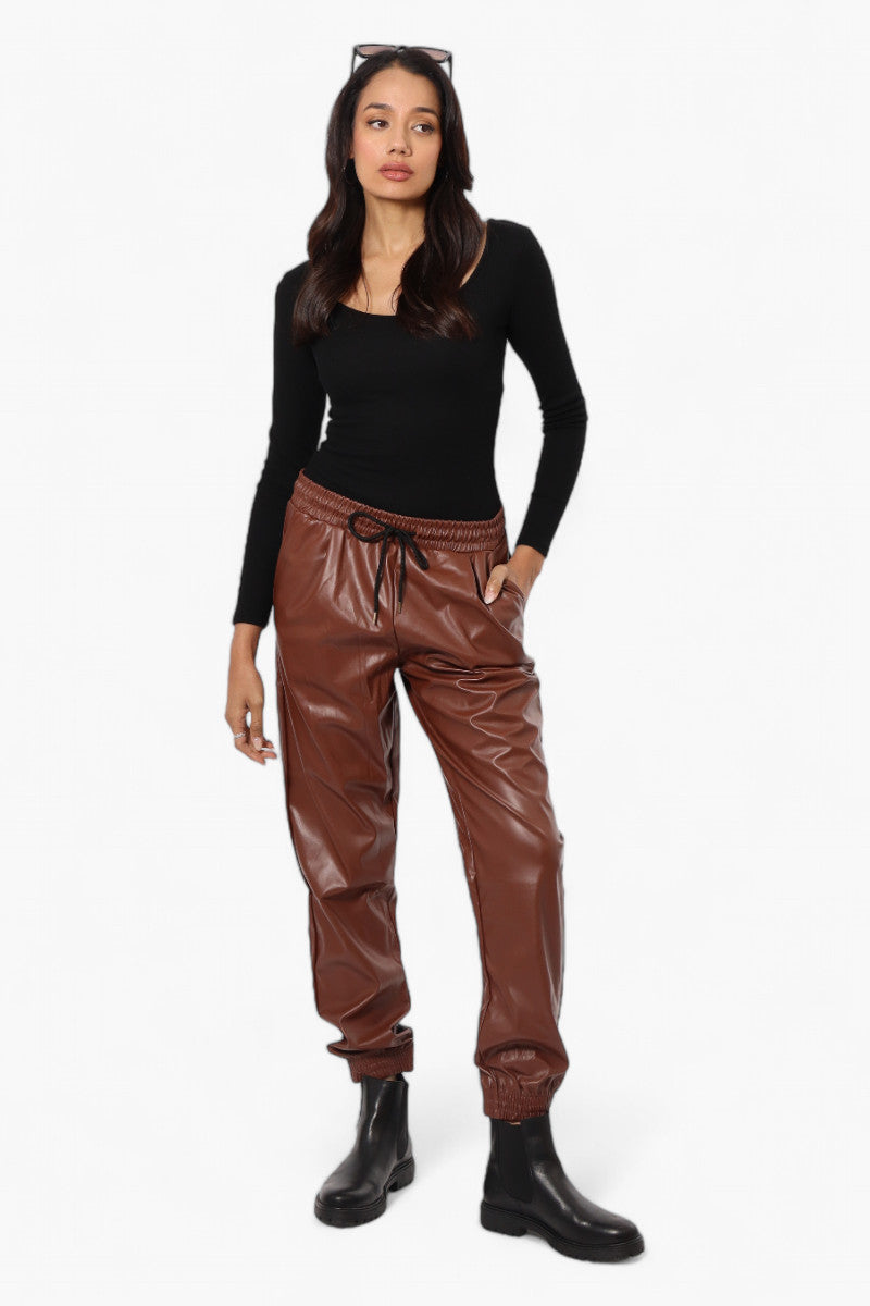 Limite Tie Waist Vegan Leather Jogger Pants - Brown - Womens Pants - Fairweather