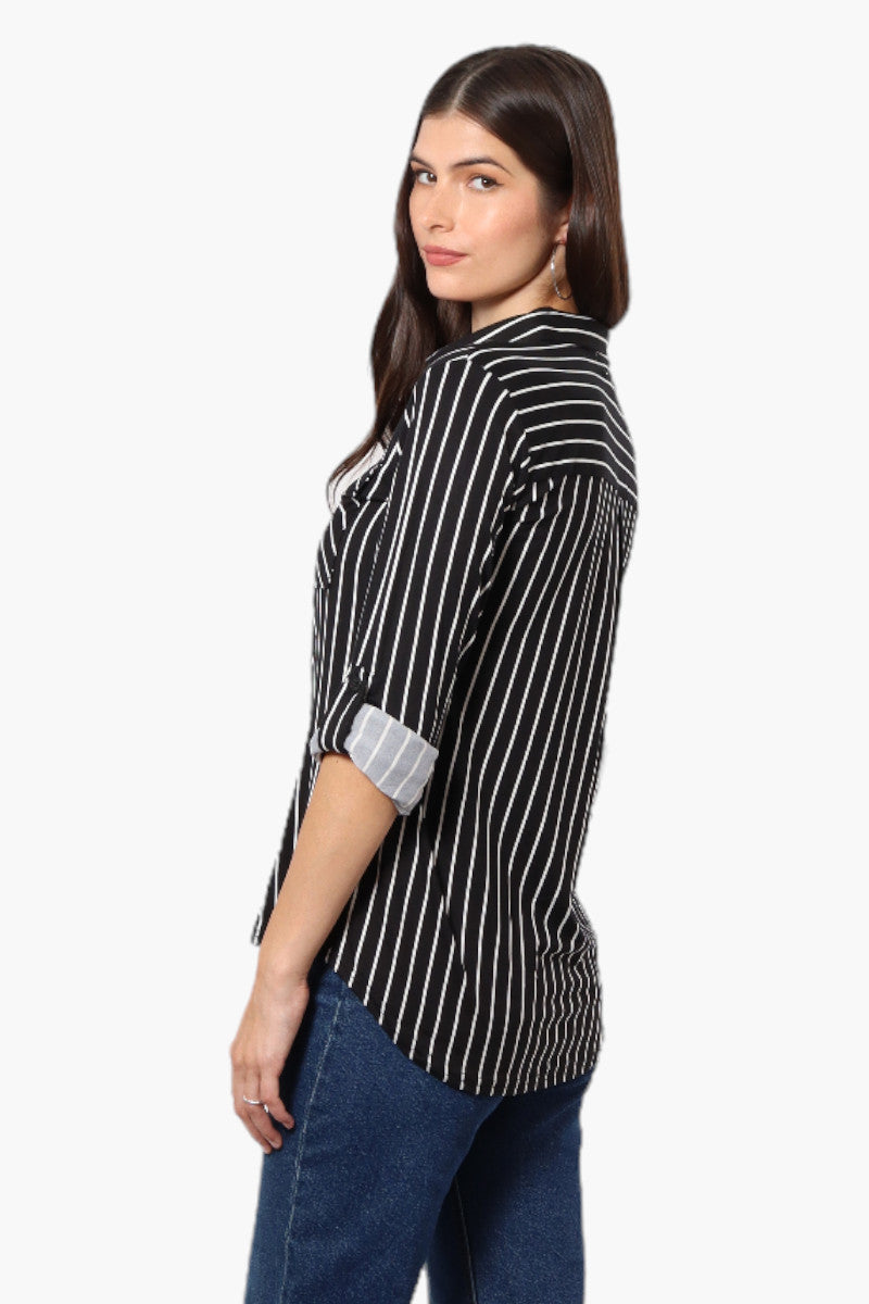 Urbanology Striped Roll Up Sleeve Button Up Shirt - Black - Womens Shirts & Blouses - Fairweather