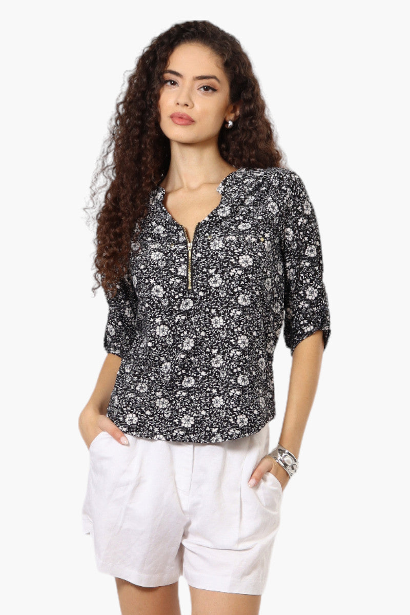 Beechers Brook Floral Half Zip Roll Up Sleeve Shirt - Black - Womens Shirts & Blouses - Fairweather