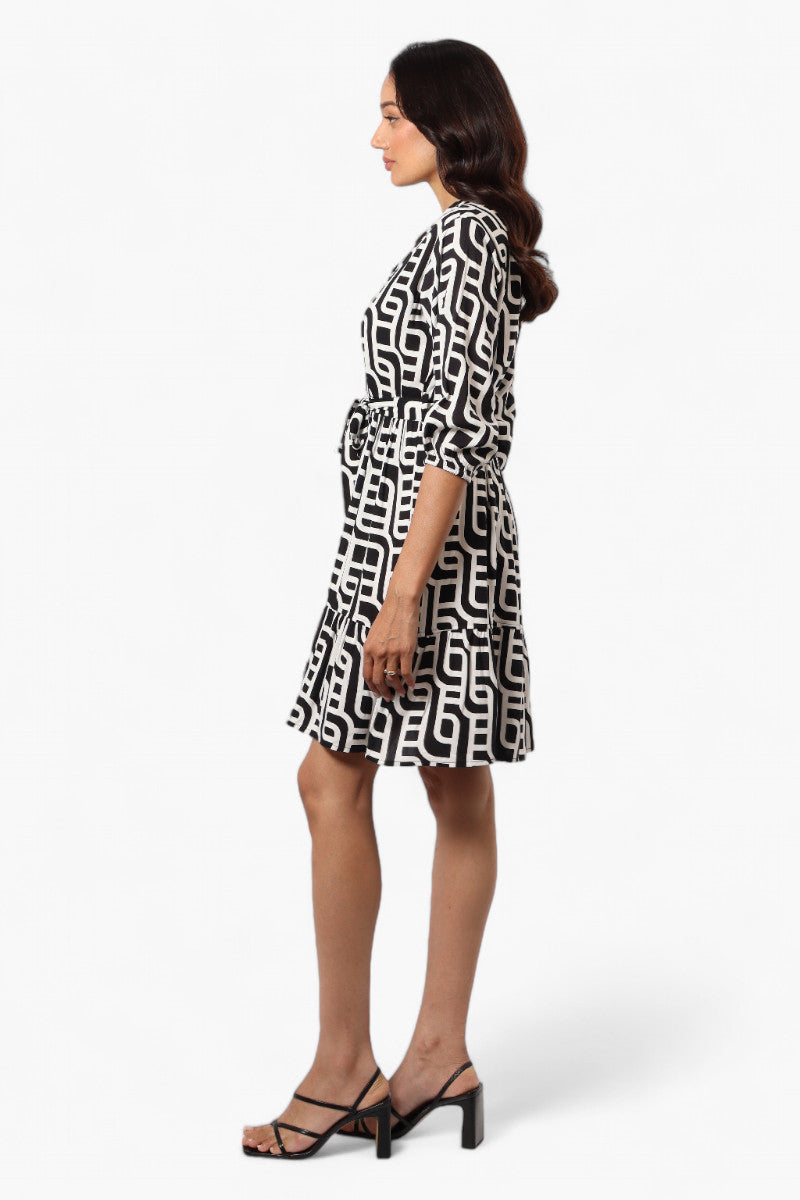 Beechers Brook Belted Patterned Button Down Day Dress - Black - Womens Day Dresses - Fairweather