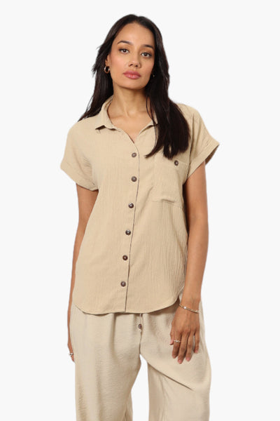 Urbanology Button Up Cap Sleeve Blouse - Beige - Womens Shirts & Blouses - Fairweather