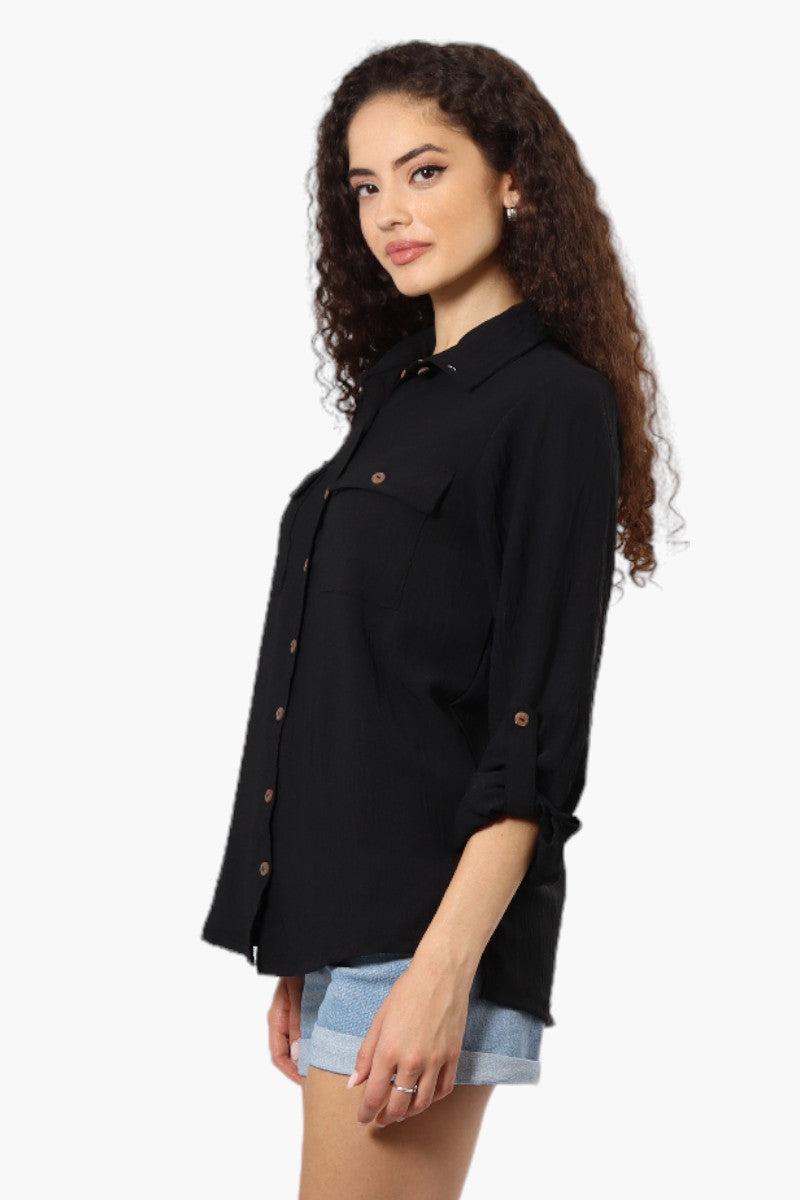 Urbanology Roll Up Sleeve Button Down Shirt - Black - Womens Shirts & Blouses - Fairweather