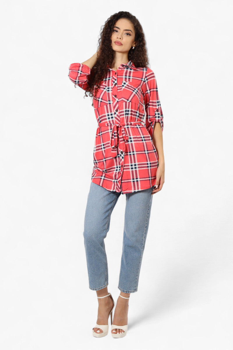 Urbanology Belted Striped Button Down Shirt - Pink - Womens Shirts & Blouses - Fairweather