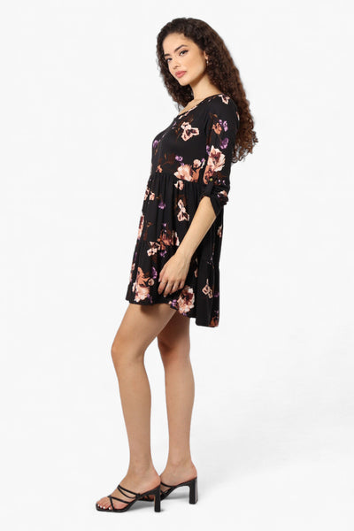 Majora Floral Scoop Neck Roll Up Sleeve Day Dress - Black - Womens Day Dresses - Fairweather