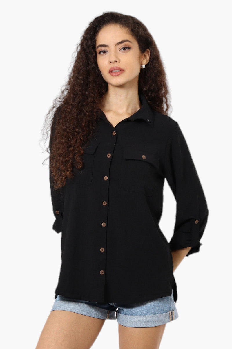 Urbanology Roll Up Sleeve Button Down Shirt - Black - Womens Shirts & Blouses - Fairweather