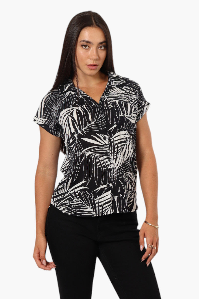 Majora Leaf Pattern Button Up Shirt - Black - Womens Shirts & Blouses - Fairweather