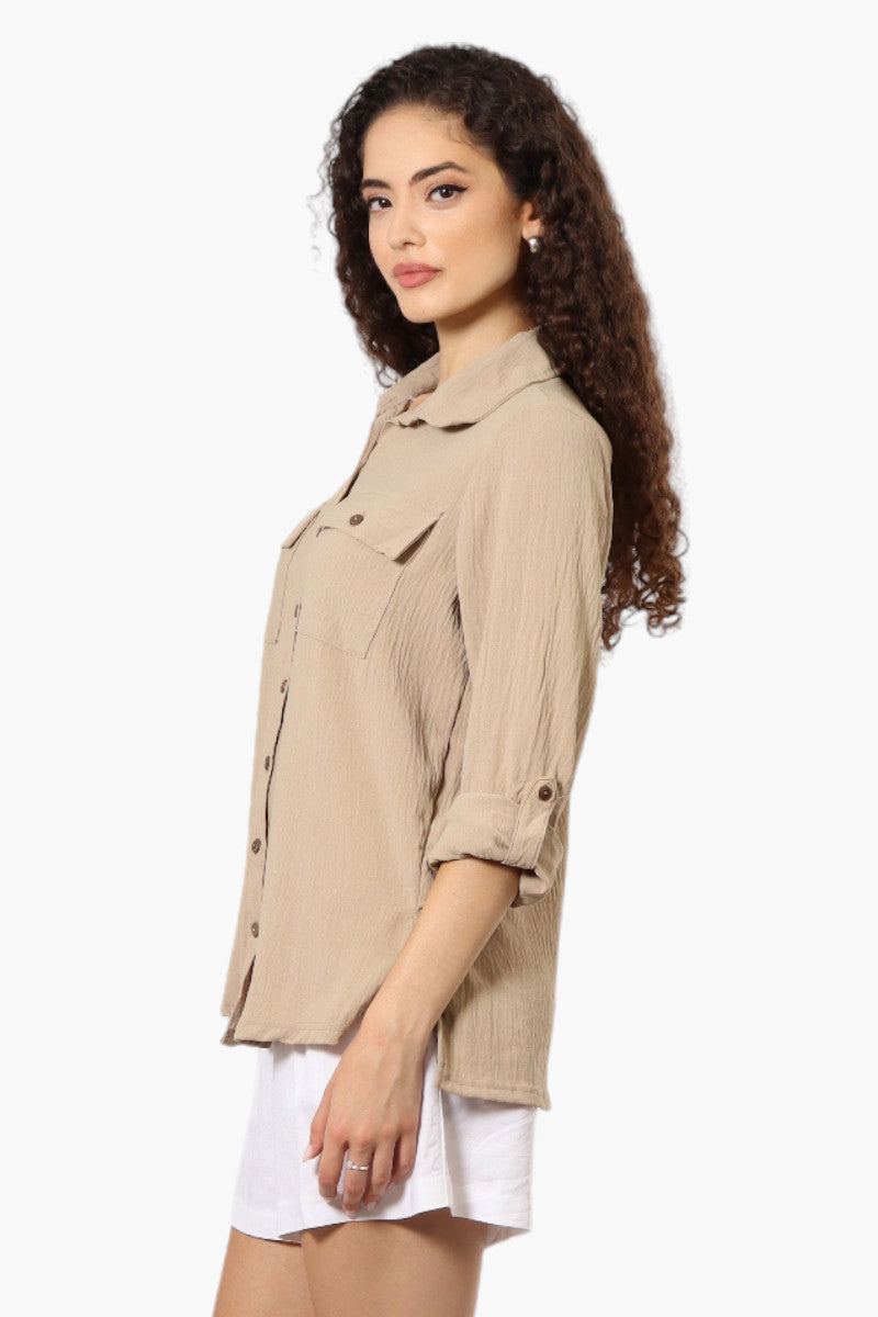 Urbanology Roll Up Sleeve Button Down Shirt - Beige - Womens Shirts & Blouses - Fairweather