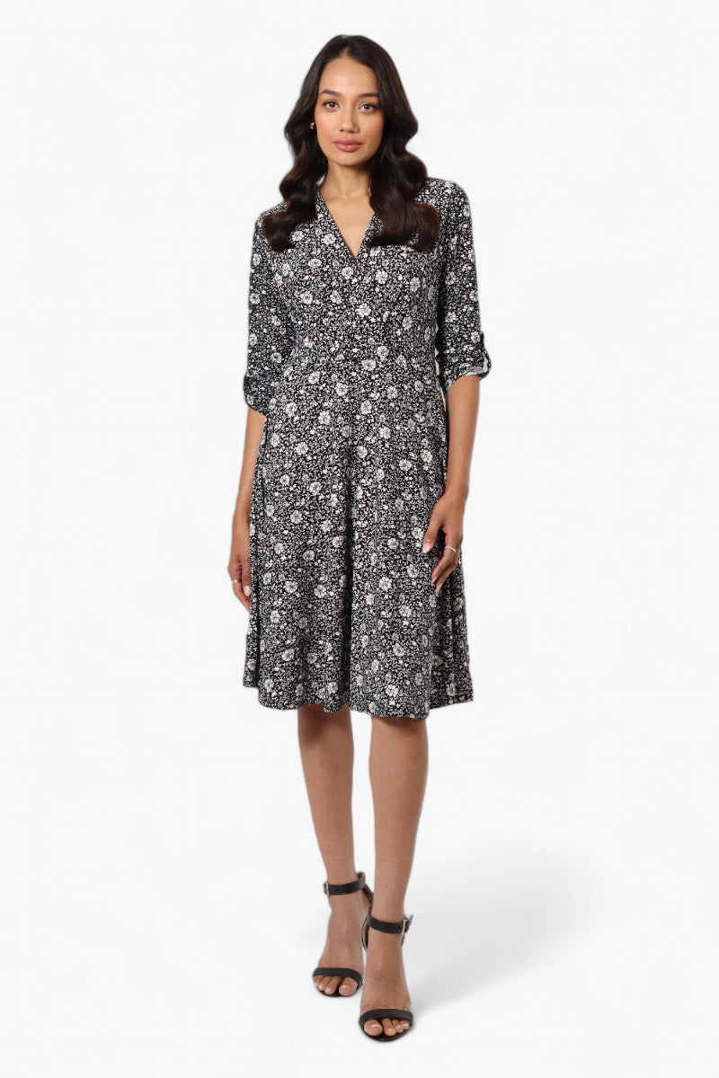 Beechers Brook Floral Crossover Button Up Sleeve Day Dress - Black - Womens Day Dresses - Fairweather