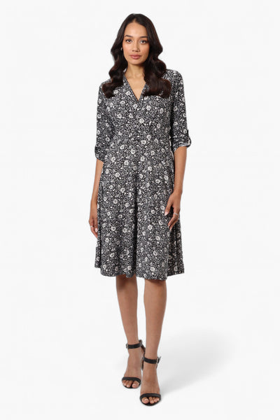 Beechers Brook Floral Crossover Button Up Sleeve Day Dress - Black - Womens Day Dresses - Fairweather