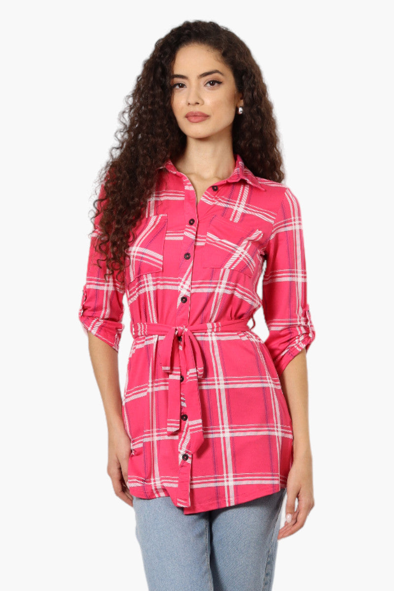 Urbanology Belted Striped Button Down Shirt - Pink - Womens Shirts & Blouses - Fairweather