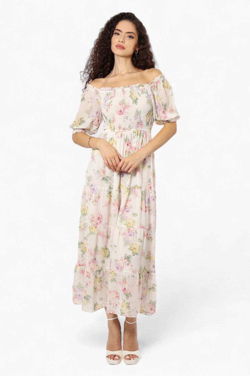 Limite Floral Tiered Puff Sleeve Maxi Dress - White - Womens Maxi Dresses - Fairweather