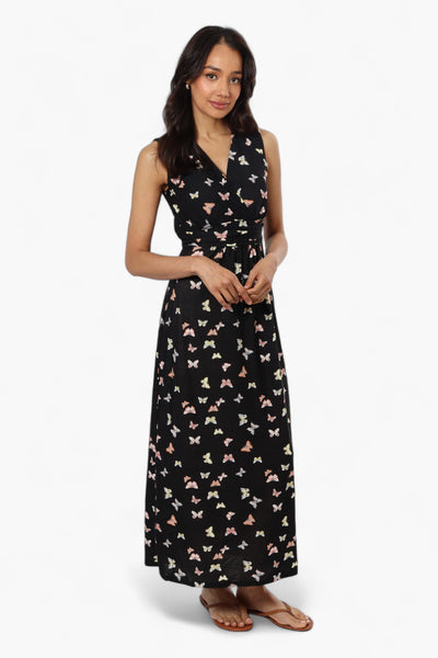 Beechers Brook Butterfly Pattern Belted Crossover Maxi Dress - Black - Womens Maxi Dresses - Fairweather