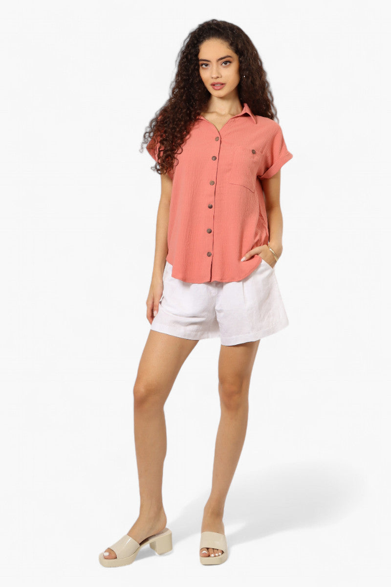 Urbanology Button Up Cap Sleeve Blouse - Pink - Womens Shirts & Blouses - Fairweather