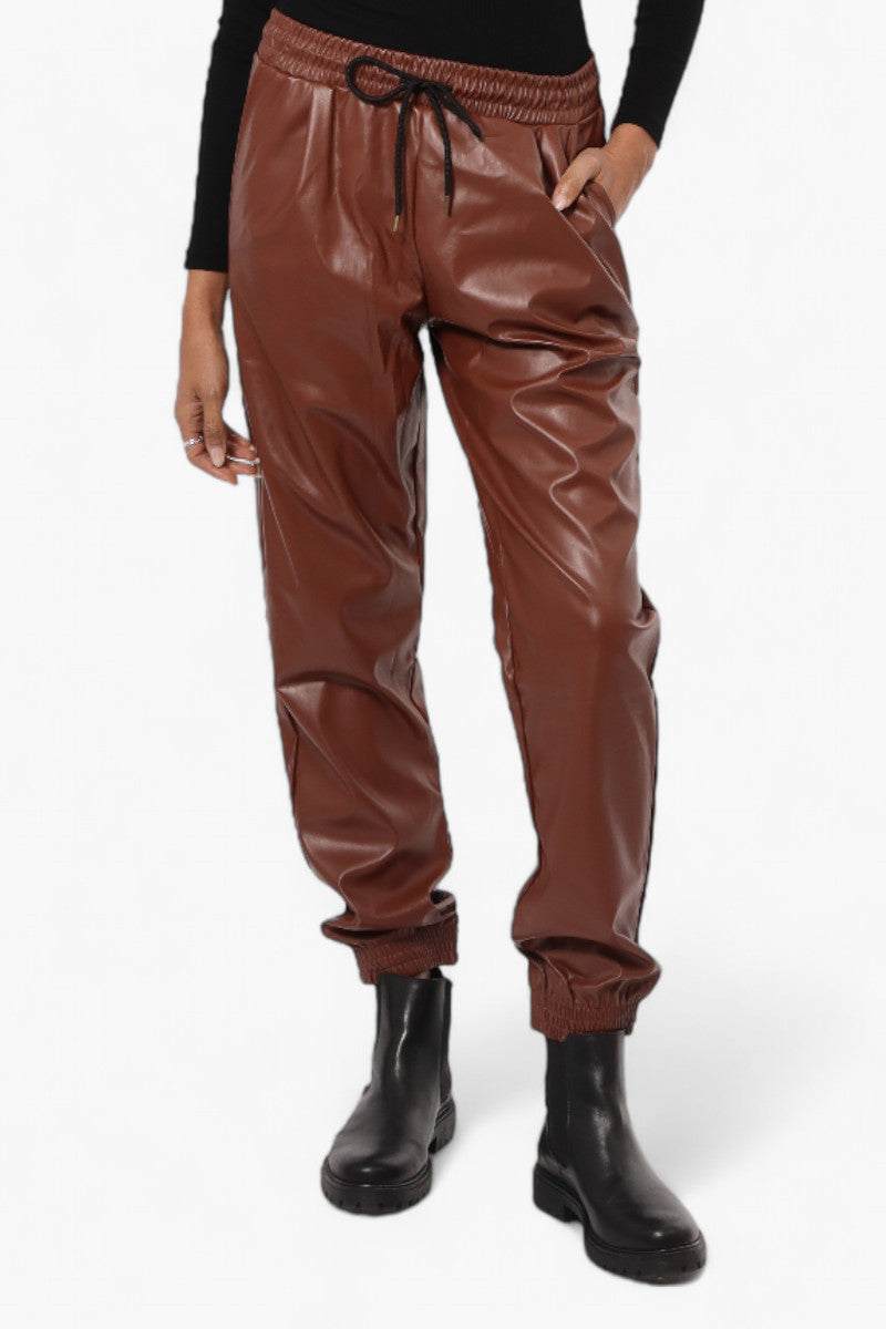 Limite Tie Waist Vegan Leather Jogger Pants - Brown - Womens Pants - Fairweather