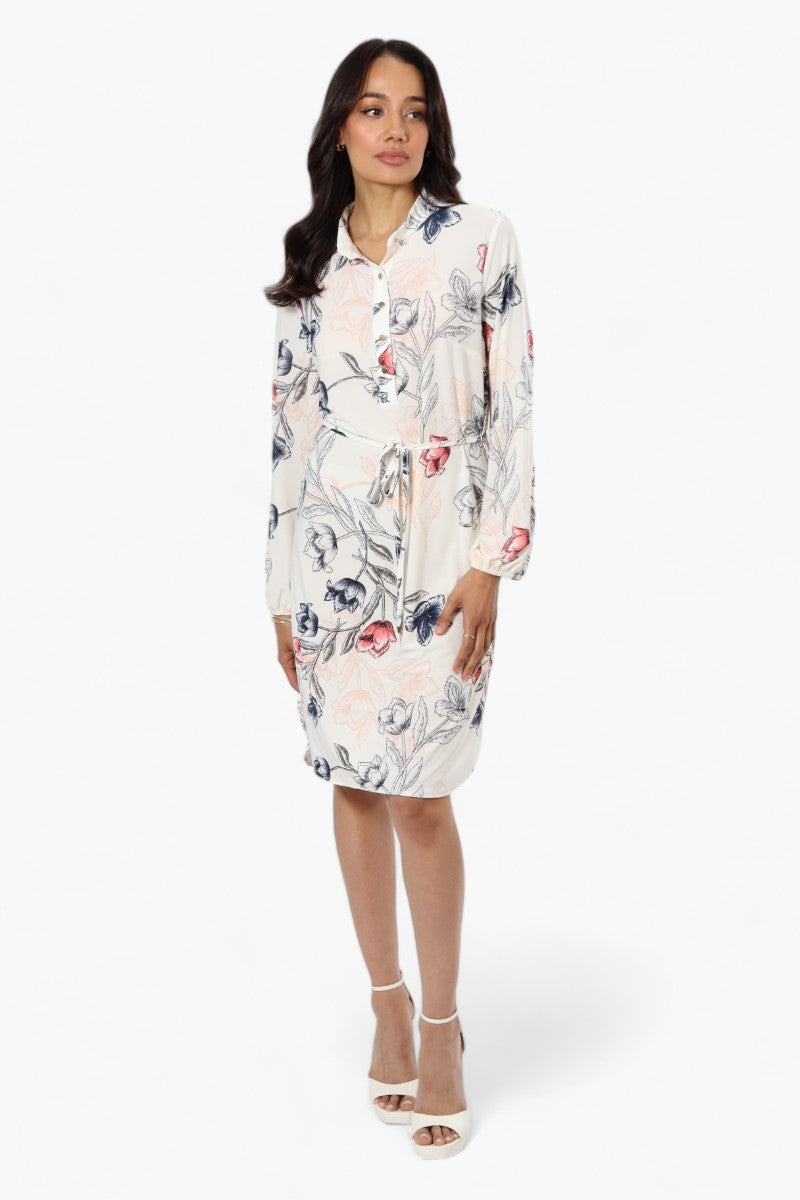 Beechers Brook Floral Long Sleeve Henley Day Dress - White - Womens Day Dresses - Fairweather