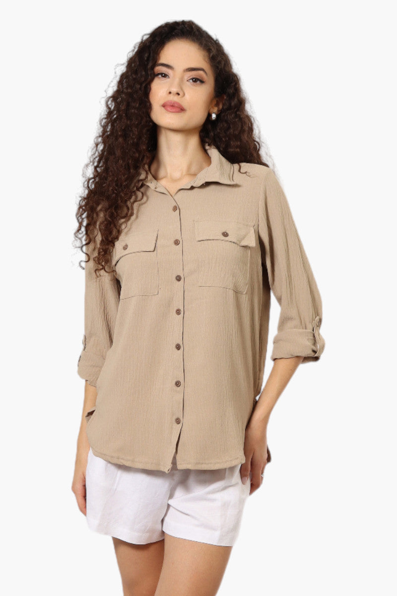 Urbanology Roll Up Sleeve Button Down Shirt - Beige - Womens Shirts & Blouses - Fairweather