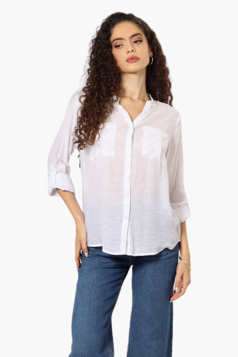 International INC Company Button Up Roll Up Sleeve Blouse - White - Womens Shirts & Blouses - Fairweather