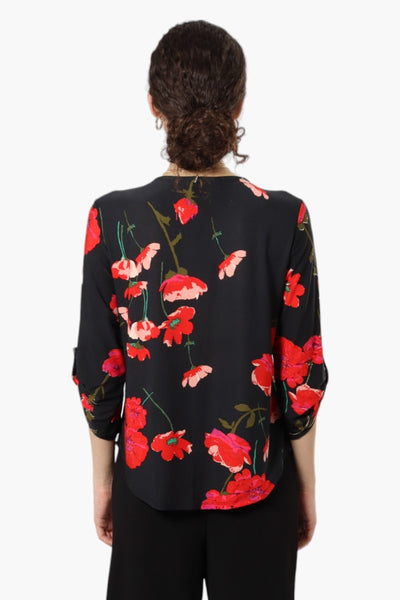 Beechers Brook Floral Roll Up Sleeve Necklace Blouse - Black - Womens Shirts & Blouses - Fairweather