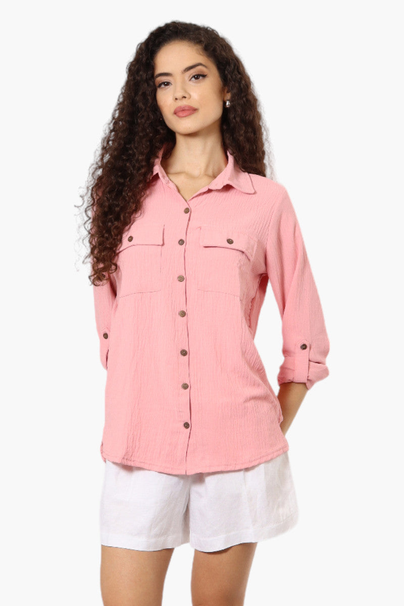 Urbanology Roll Up Sleeve Button Down Shirt - Pink - Womens Shirts & Blouses - Fairweather