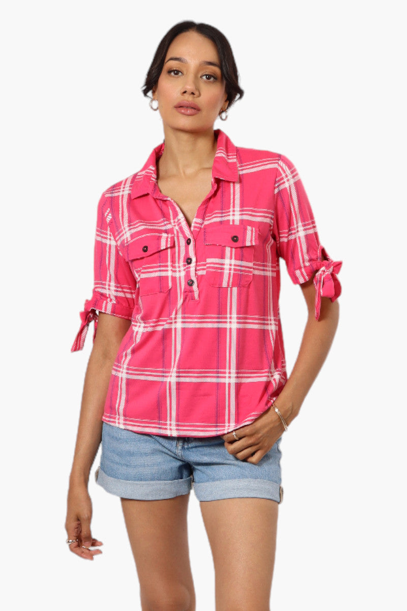 Urbanology Plaid Tie Sleeve Shirt - Pink - Womens Shirts & Blouses - Fairweather