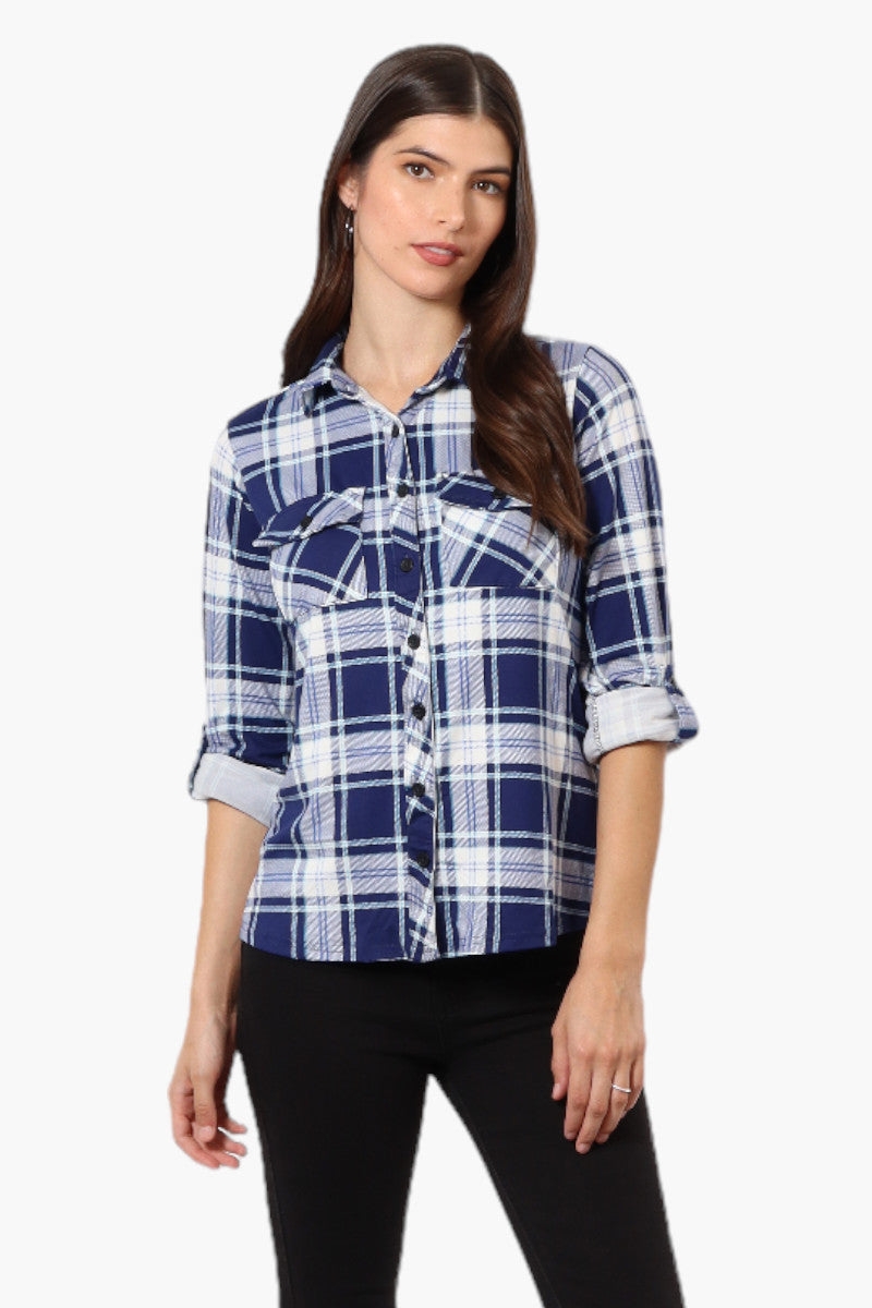 Urbanology Plaid Roll Up Sleeve Button Up Shirt - Blue - Womens Shirts & Blouses - Fairweather