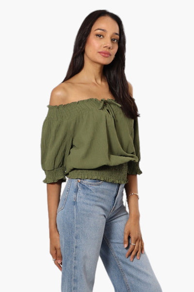 Urbanology Off Shoulder Tie Front Smock Blouse - Olive - Womens Shirts & Blouses - Fairweather