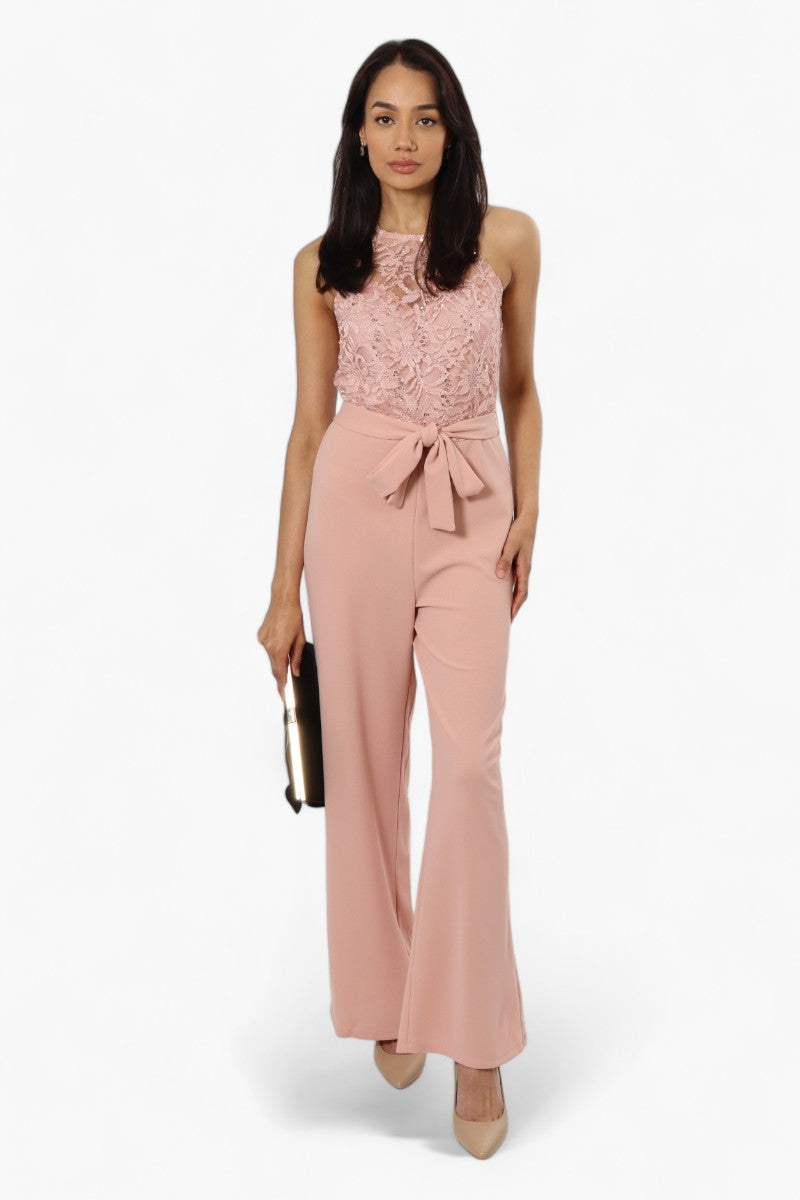 Limite Belted Lace Sequin Jumpsuit - Pink - Womens Jumpsuits & Rompers - Fairweather