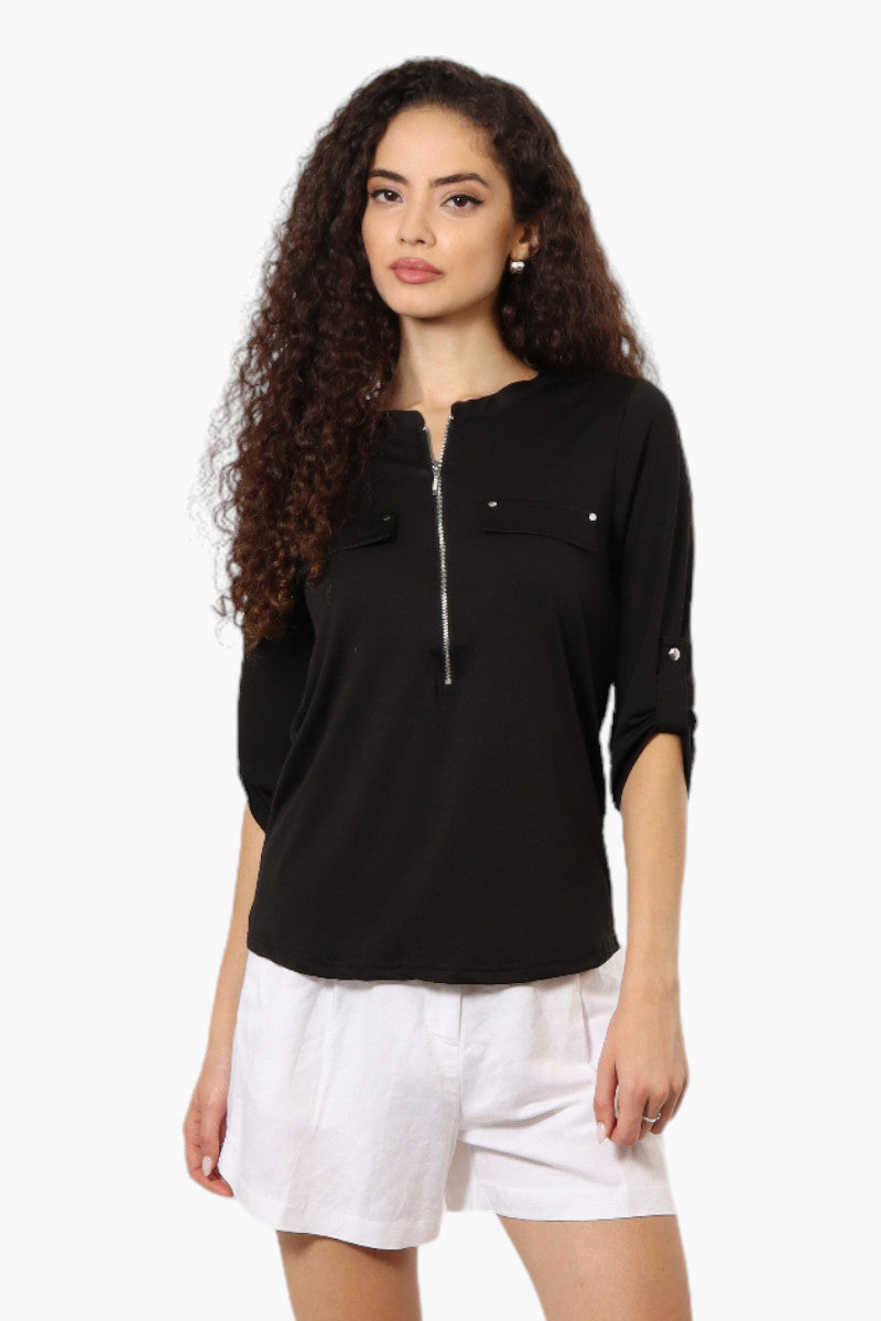 Beechers Brook Solid Half Zip Roll Up Sleeve Shirt - Black - Womens Shirts & Blouses - Fairweather