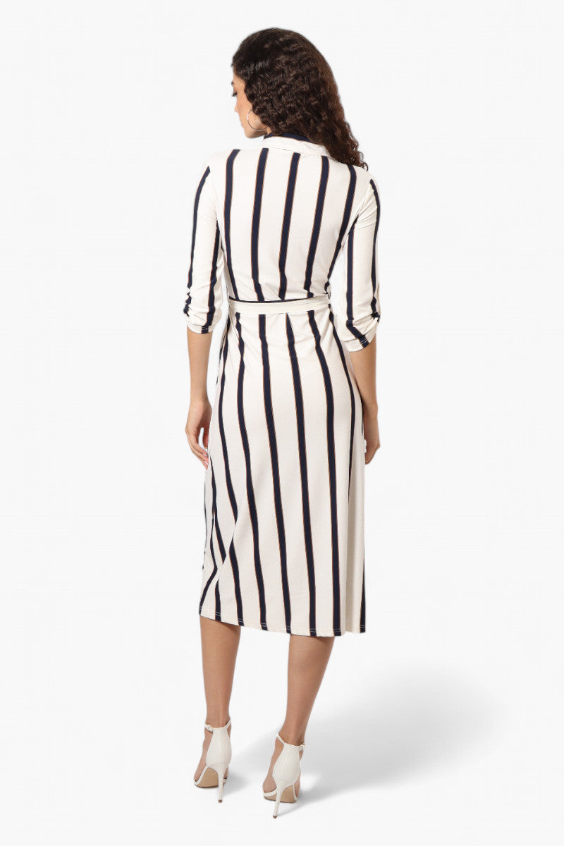 Beechers Brook Belted Striped Roll Up Sleeve Maxi Dress - White - Womens Maxi Dresses - Fairweather