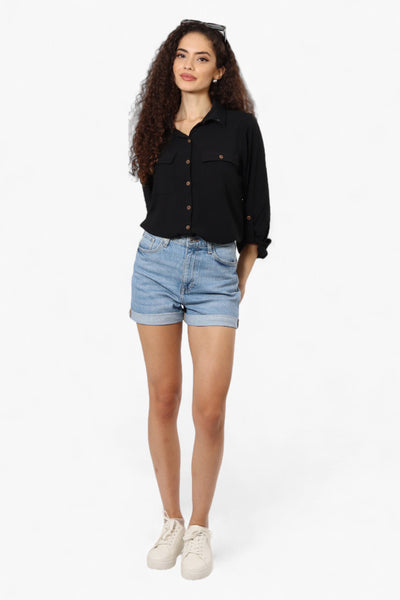 Urbanology Roll Up Sleeve Button Down Shirt - Black - Womens Shirts & Blouses - Fairweather