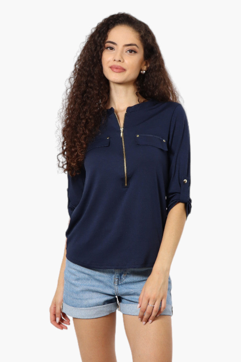 Beechers Brook Solid Half Zip Roll Up Sleeve Shirt - Navy - Womens Shirts & Blouses - Fairweather