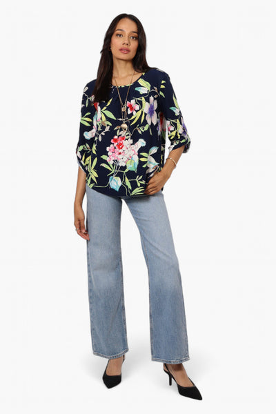 Beechers Brook Floral Roll Up Sleeve Necklace Blouse - Navy - Womens Shirts & Blouses - Fairweather