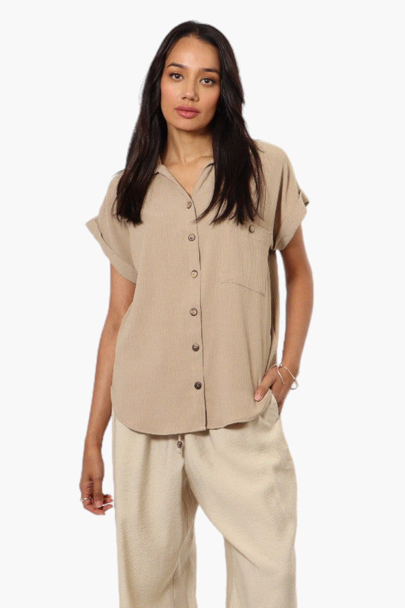 Urbanology Button Up Cap Sleeve Blouse - Beige - Womens Shirts & Blouses - Fairweather