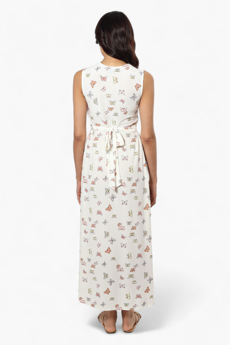 Beechers Brook Butterfly Pattern Belted Crossover Maxi Dress - White - Womens Maxi Dresses - Fairweather