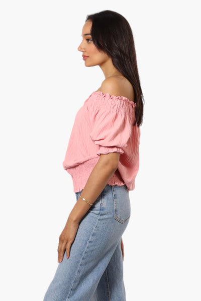 Urbanology Off Shoulder Tie Front Smock Blouse - Pink - Womens Shirts & Blouses - Fairweather