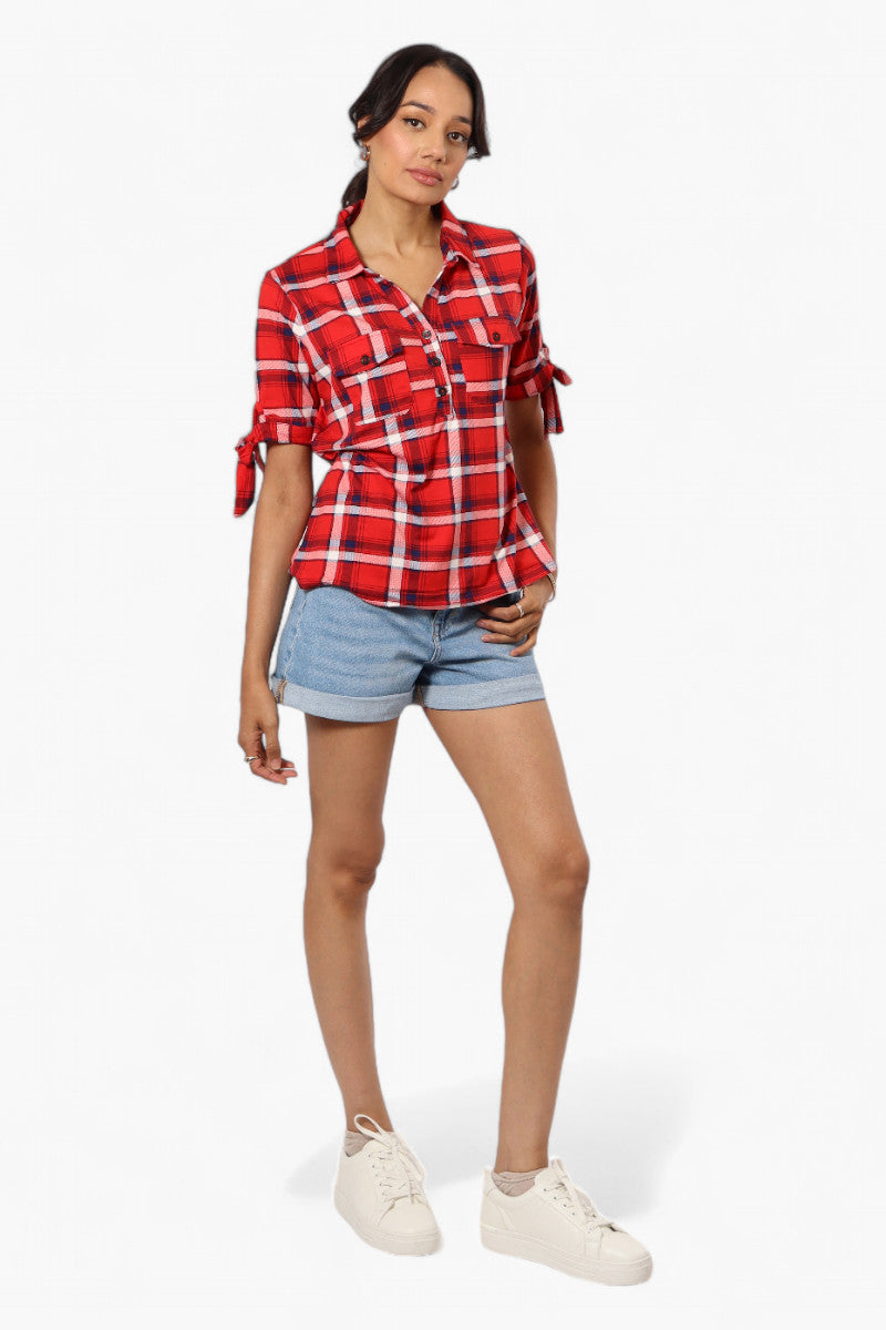 Urbanology Plaid Tie Sleeve Shirt - Red - Womens Shirts & Blouses - Fairweather